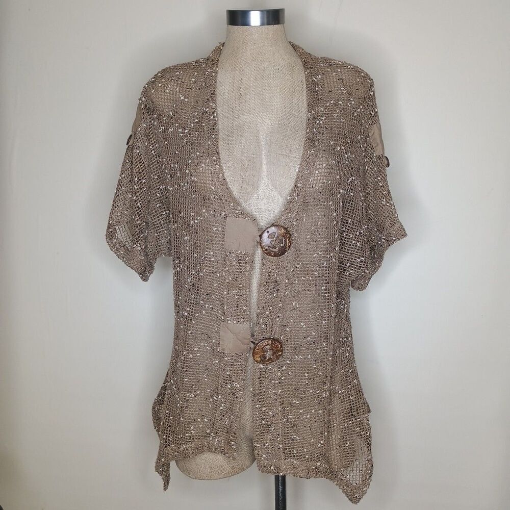 Katie Todd Womens Sz M Crochet Button Cardigan Open Weave Boho Whimsigoth Beige